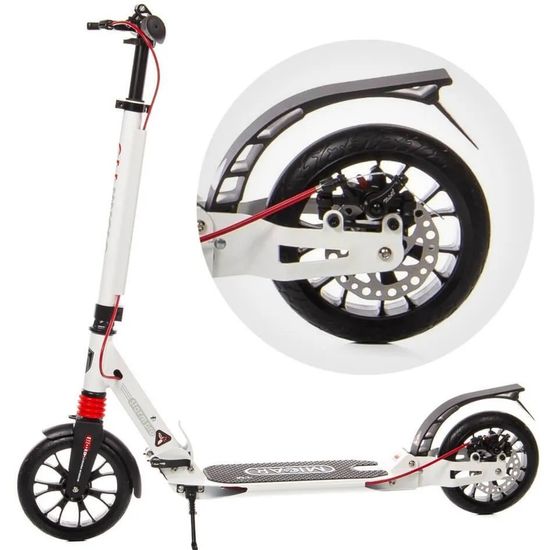 Складной двухколёсный самокат Micar Storm Pro 200 мм с двумя амортизаторами и ручным дисковым тормозом, белый