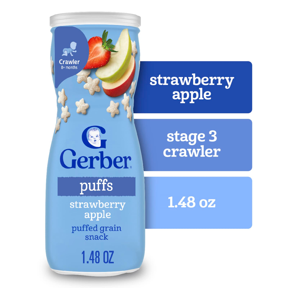 Gerber, Puffs, злаковые подушечки, для малышей от 8 месяцев, клубника и яблоко, 42 г (1,48 унции)