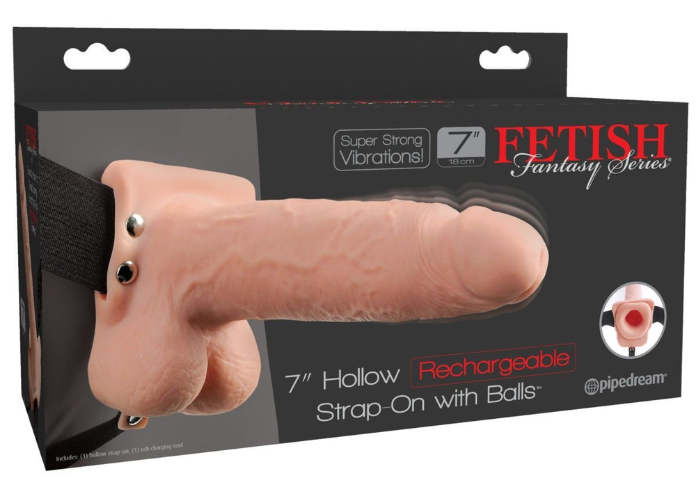 Телесный перезаряжаемый вибрострапон 7  Hollow Rechargeable Strap-on with Balls - 20,3 см.