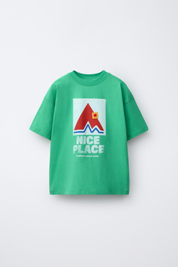 ZARA ФУТБОЛКА С ПРИНТОМ, ЗЕЛЕНЫЙ