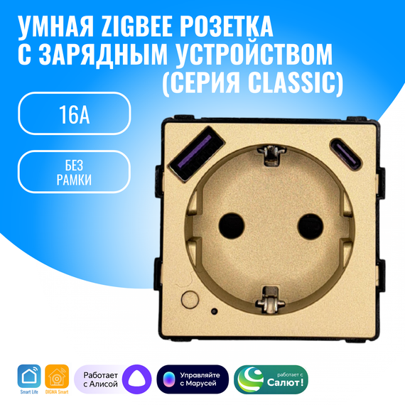 Умная ZigBee розетка встраиваемая с USB и Type-C Smart Aura модуль без рамки