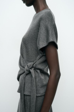 ZARA МЯГКИЙ ТОП С УЗЛОМ, СЕРЫЙ С МЕЛАНЖЕВЫМ ЭФФЕКТОМ