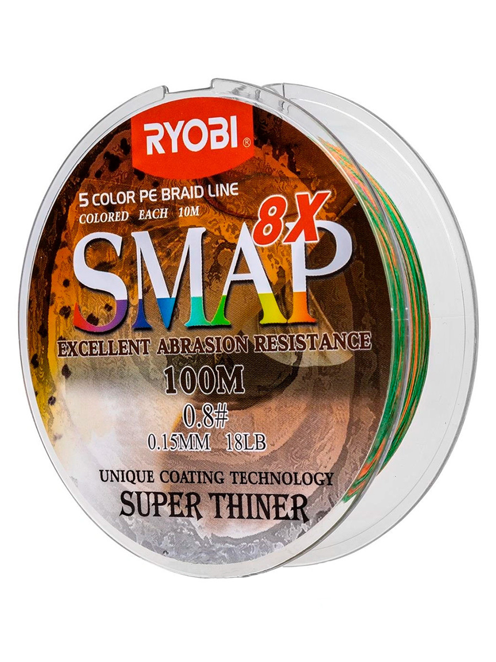 Шнур плетеный для рыбалки Ryobi SMAP PE8X-100M Multi Colour 6.0# 0,405мм