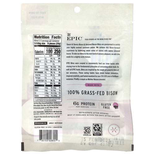 Epic Bar, Bites, бизон и незасоленный бекон, сладкий и пикантный, 70 г (2,5 унции)