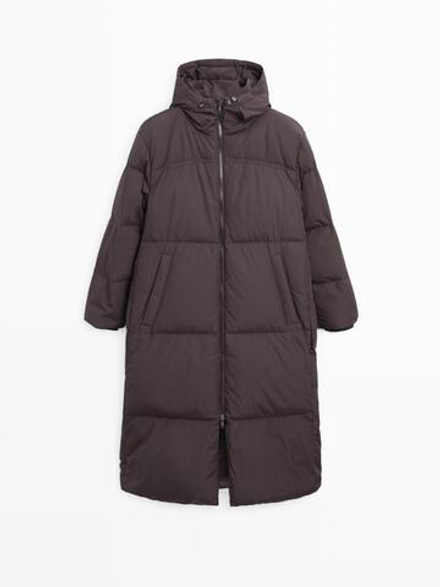 Massimo Dutti Удлиненный непромокаемый пуховик с капюшоном, коричневый