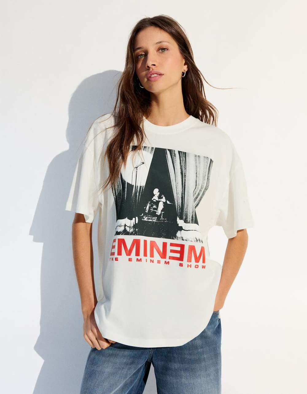 BERSHKA Футболка оверсайз с принтом EMINEM, белый