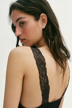 ZARA АСИММЕТРИЧНЫЙ ТОП В СТИЛЕ РУСТИК С КРУЖЕВОМ, ЧЕРНЫЙ