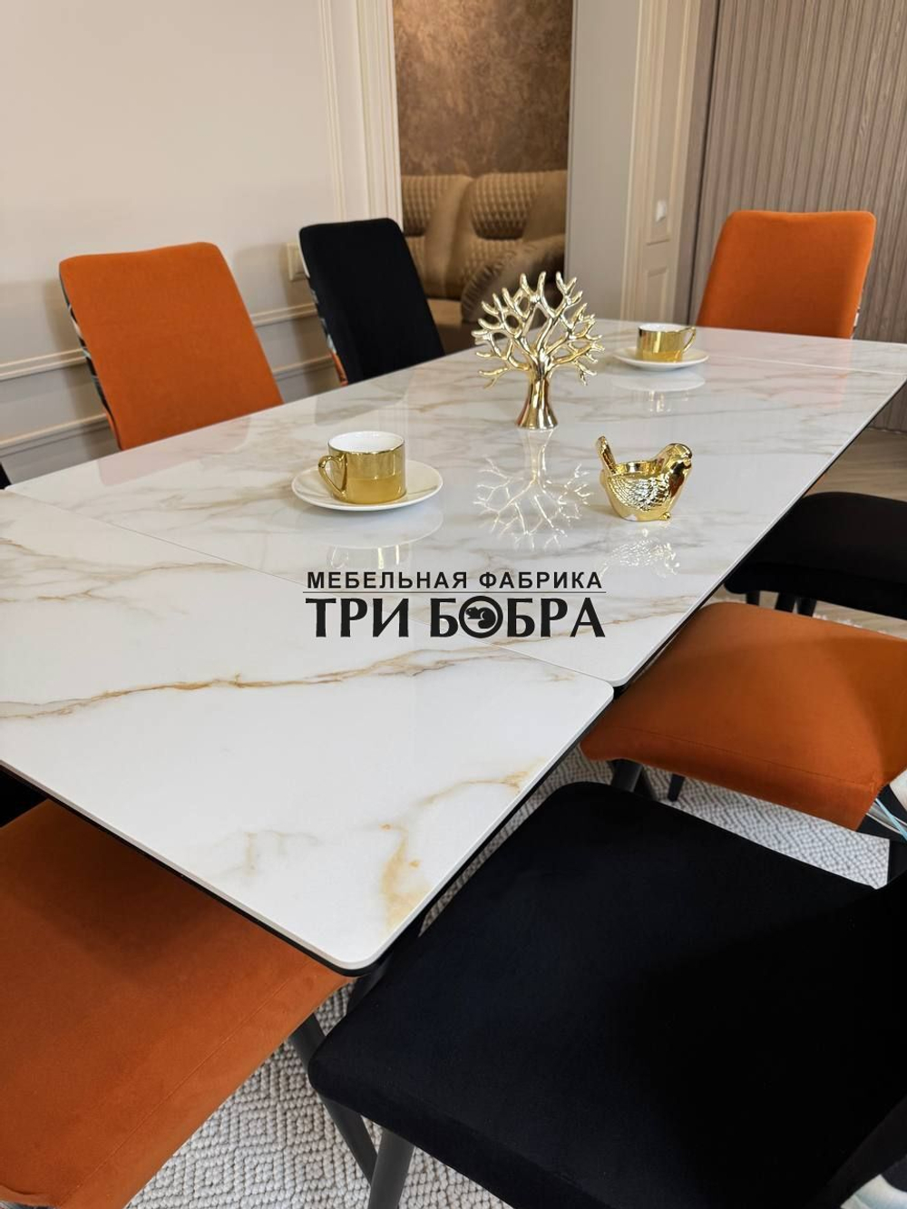 Кухонный раскладной стол "Монако" из керамогранита, белый мрамор и 4 стула ТРОПИК