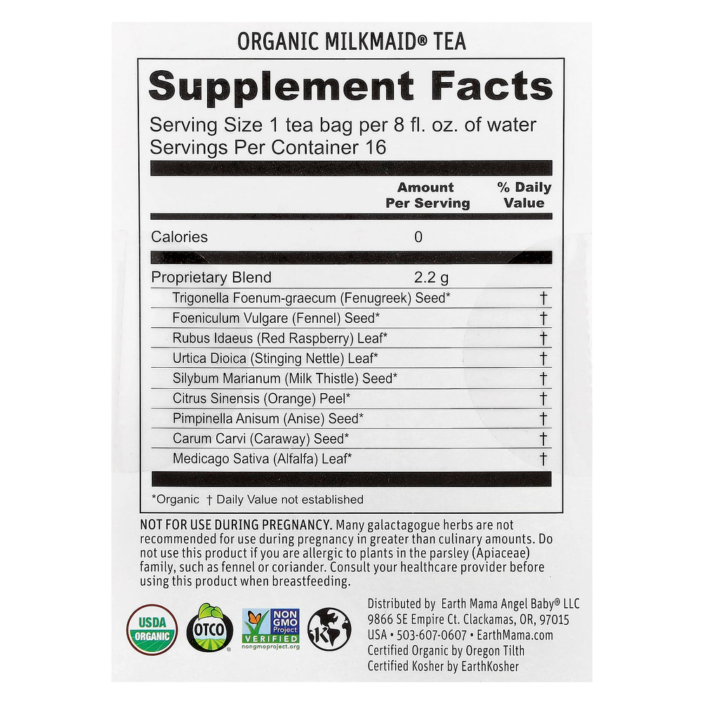 Earth Mama, Organics, органический чай Milkmate®, с ароматом фенхеля и травы, без кофеина, 16 чайных пакетиков, 35 г (1,23 унции)