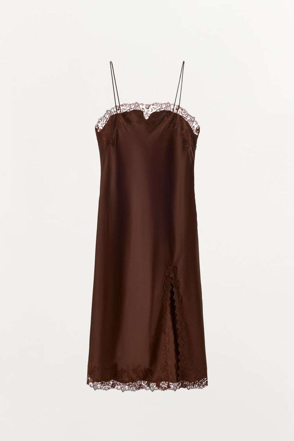 ZARA АТЛАСНОЕ ПЛАТЬЕ МИДИ С КРУЖЕВОМ, КОРИЧНЕВЫЙ