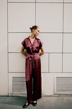 ZARA БРЮКИ СЛИМ С ВЫСОКОЙ ПОСАДКОЙ, БУРГУНДИ