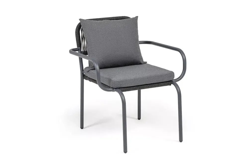 "Нуар" стул плетеный из роупа, каркас алюминий темно-серый (RAL7024) муар, роуп темно-серый круглый, ткань темно-серая 027