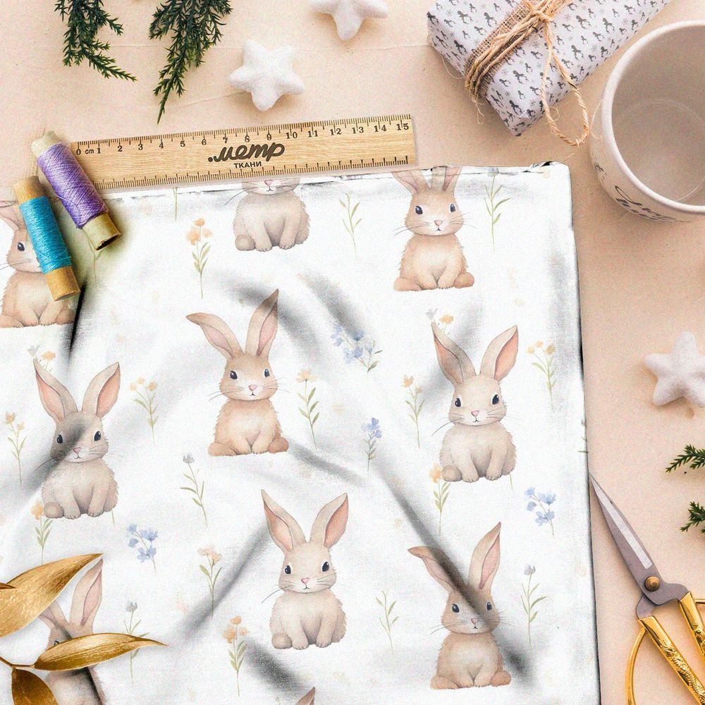 Ткань премиум бифлекс зайцы в полевых цветах