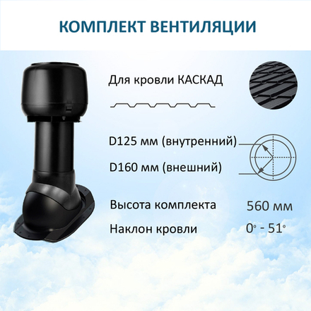 Комплект вентиляции: Вентиляционный выход изолированный D125/160 утепленный высота H=500 мм, проходной элемент ТР-87/К для скатной кровли металлочерепицы Каскад, колпак вентиляционный D160 мм, черный