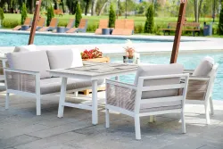 "Сан Ремо" диван 2-местный плетеный из роупа, каркас алюминий белый, роуп бежевый, ткань бежевая