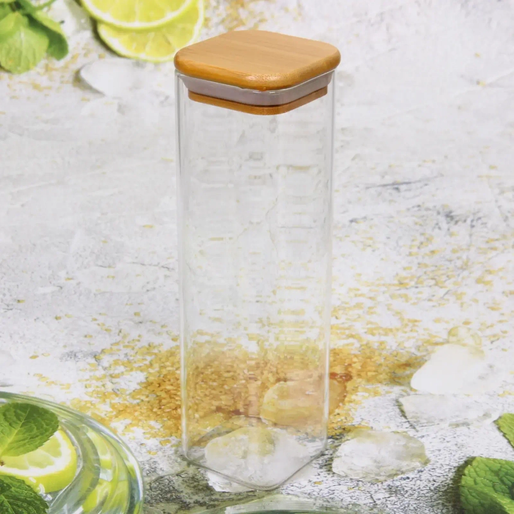 Банка для продуктов стеклянная 560мл «Хай-Тек» с бамбуковой крышкой, квадратная 6*20см