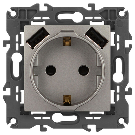 Розетка ЭРА Elegance 14-4109-16 2P+E 16A-250В штор. с 2xUSB 5В-3А титан
