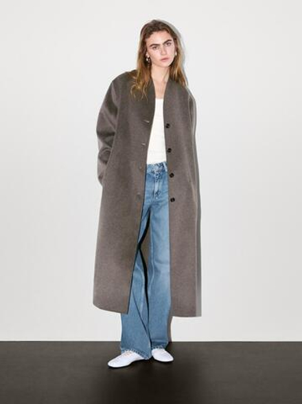 Massimo Dutti Пальто из смесовой шерсти с высоким воротником, серый