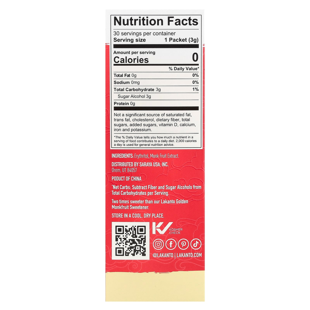 Lakanto, подсластитель из архата с эритритолом, золотой, 30 пакетиков, 90 г (3,17 унции)