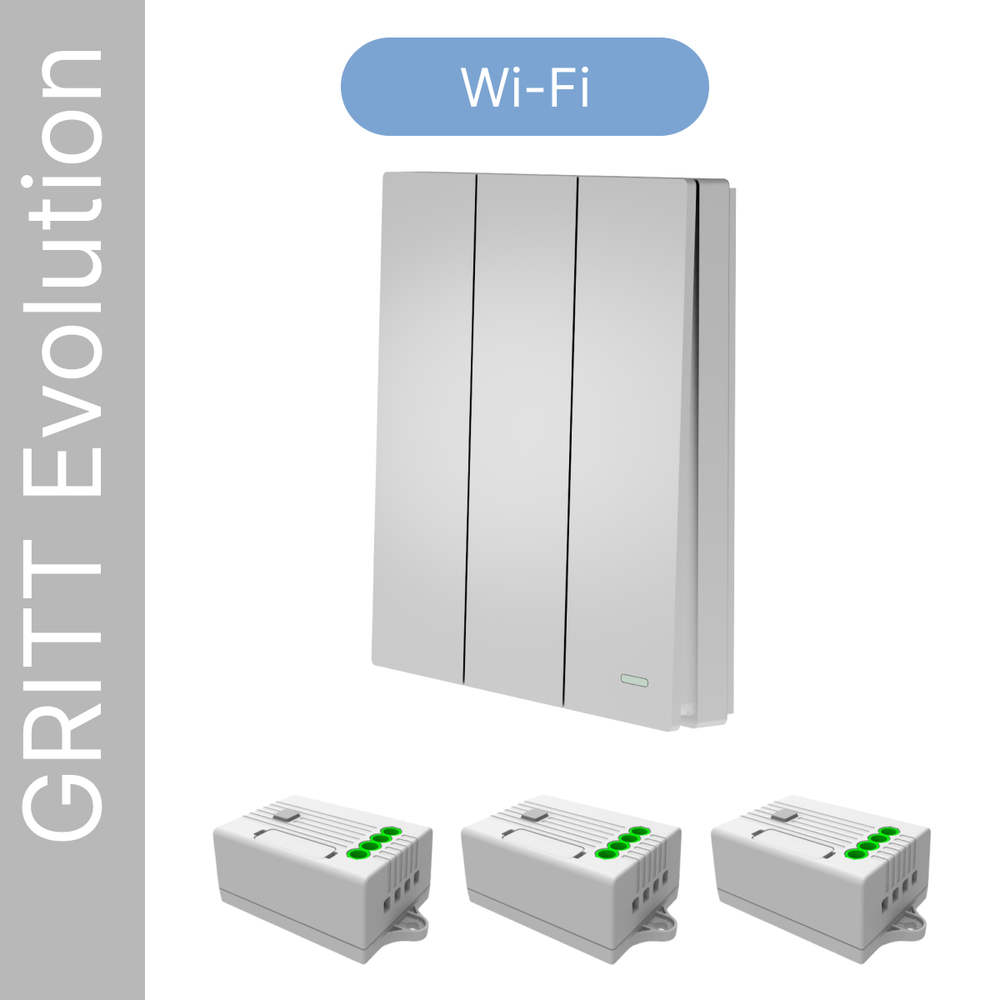 Умный беспроводной выключатель GRITT Evolution 3кл. серебристый комплект: 1 выкл. IP67, 3 реле 1000Вт 433+WiFi с управлением со смартфона EV221330SLWF
