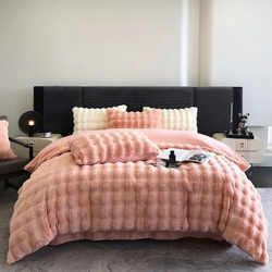 Постельное белье ЕВРО (двуспалка) Флис-Велюр Персиковый клетка