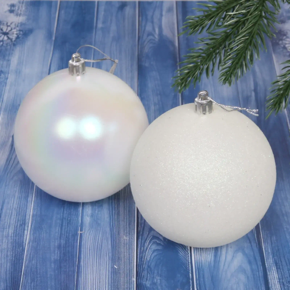 Новогодние шары 10 см (набор 2 шт) «Микс фактур», Белый/перламутр