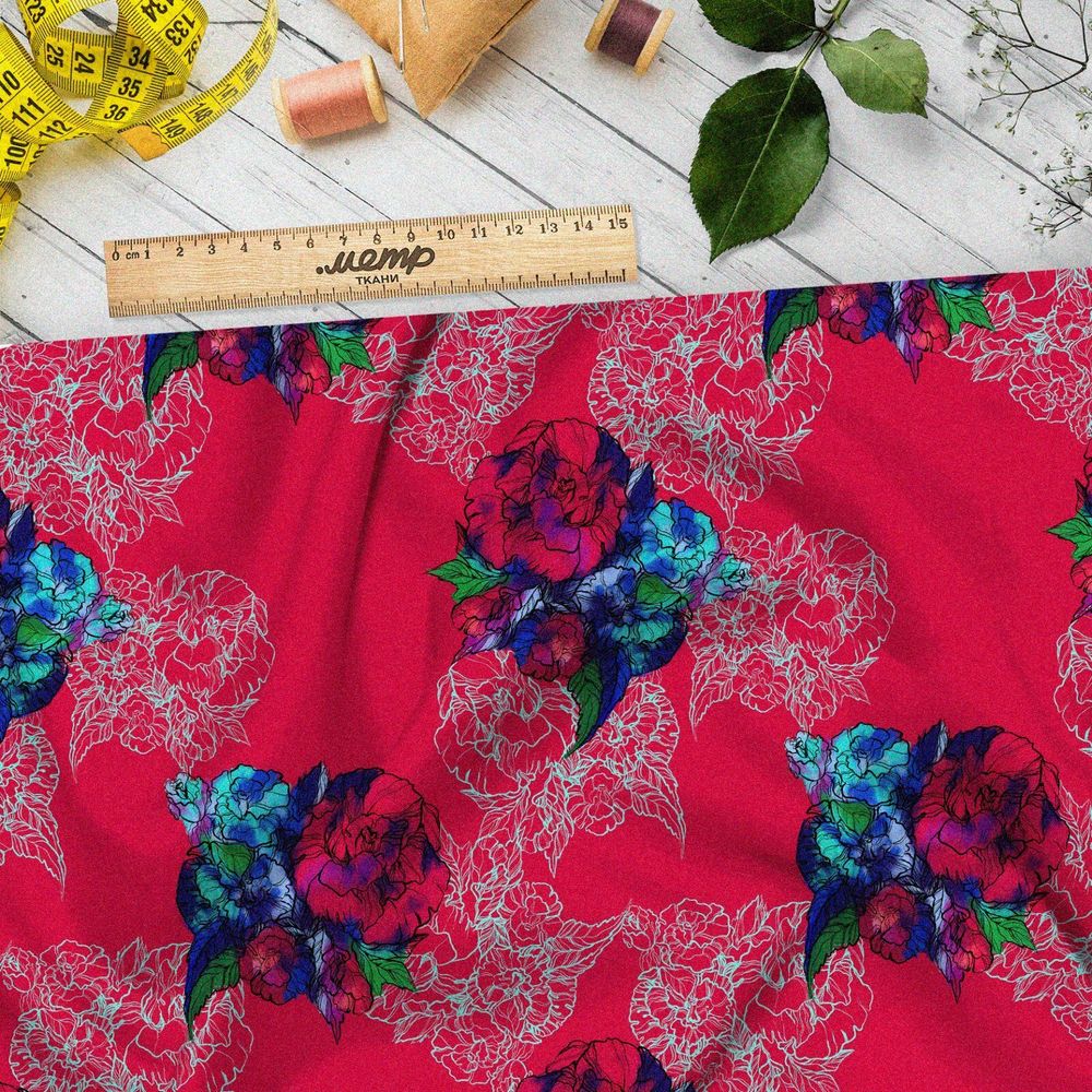 Ткань дюспо красно-синие цветы
