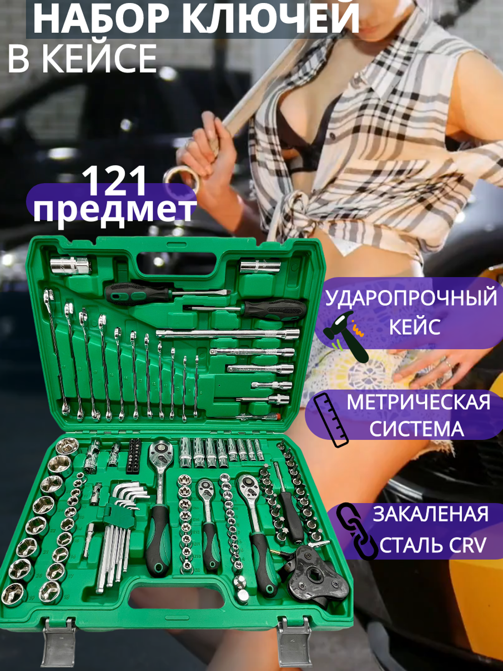 Набор инструментов ключей 121 предмет для автомобиля в кейсе для дома, машины Hummerson