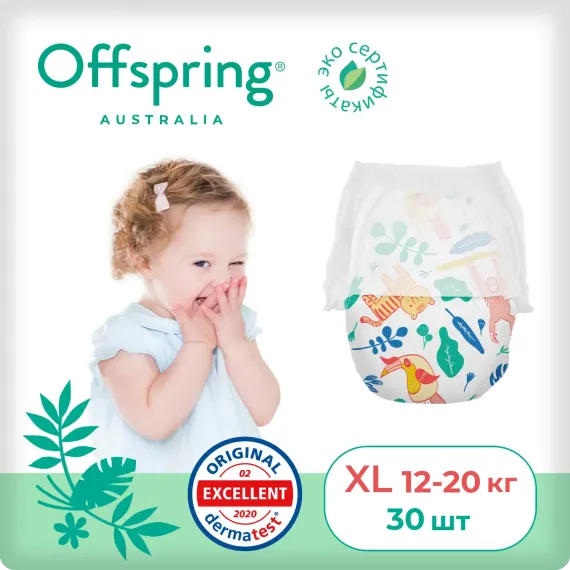 Трусики-подгузники Offspring XL 12-20 кг, 30 шт, джунгли