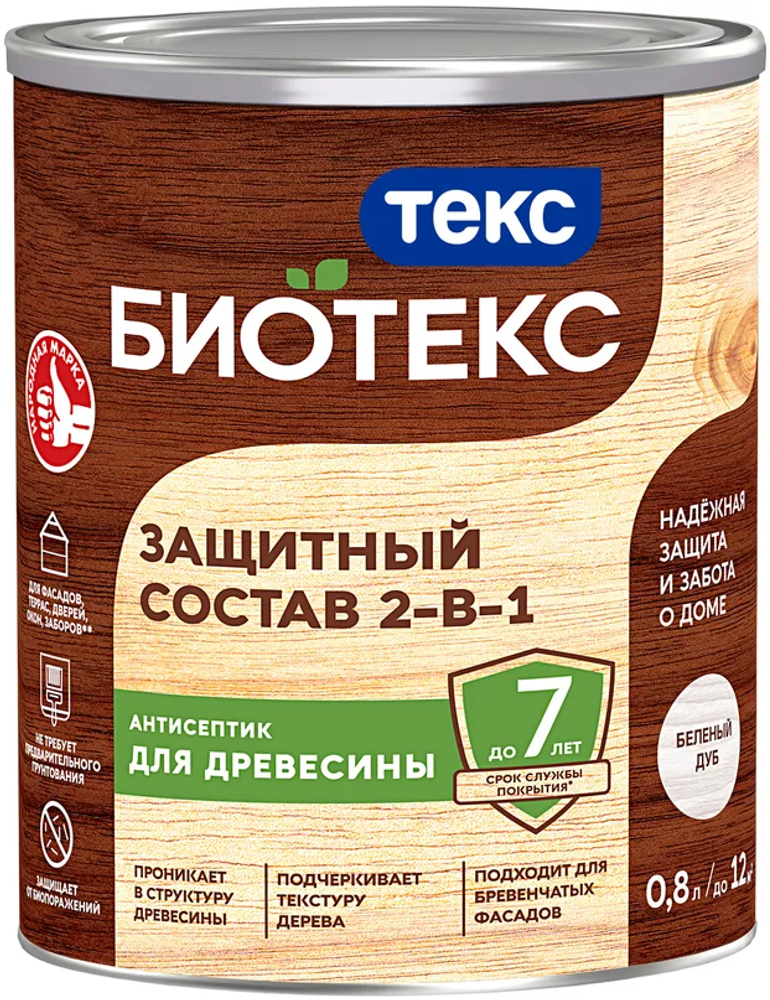 Биотекс 0,8л Дуб беленый защитный состав 2-в-1 ТЕКС