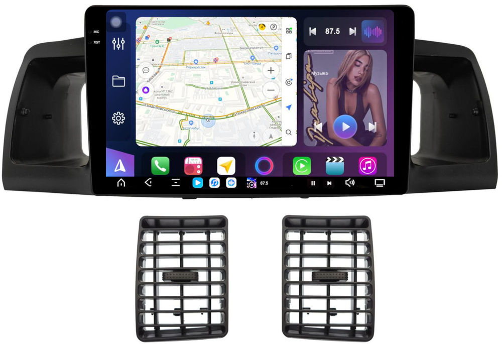 Магнитола для Toyota Corolla 120 2000-2007 (рамка черная с воздуховодами) - FarCar GX9-9648BL монитор 9.5" 2K QLED на Android 14, TS20, 6+128Гб, CarPlay, 4G SIM-слот