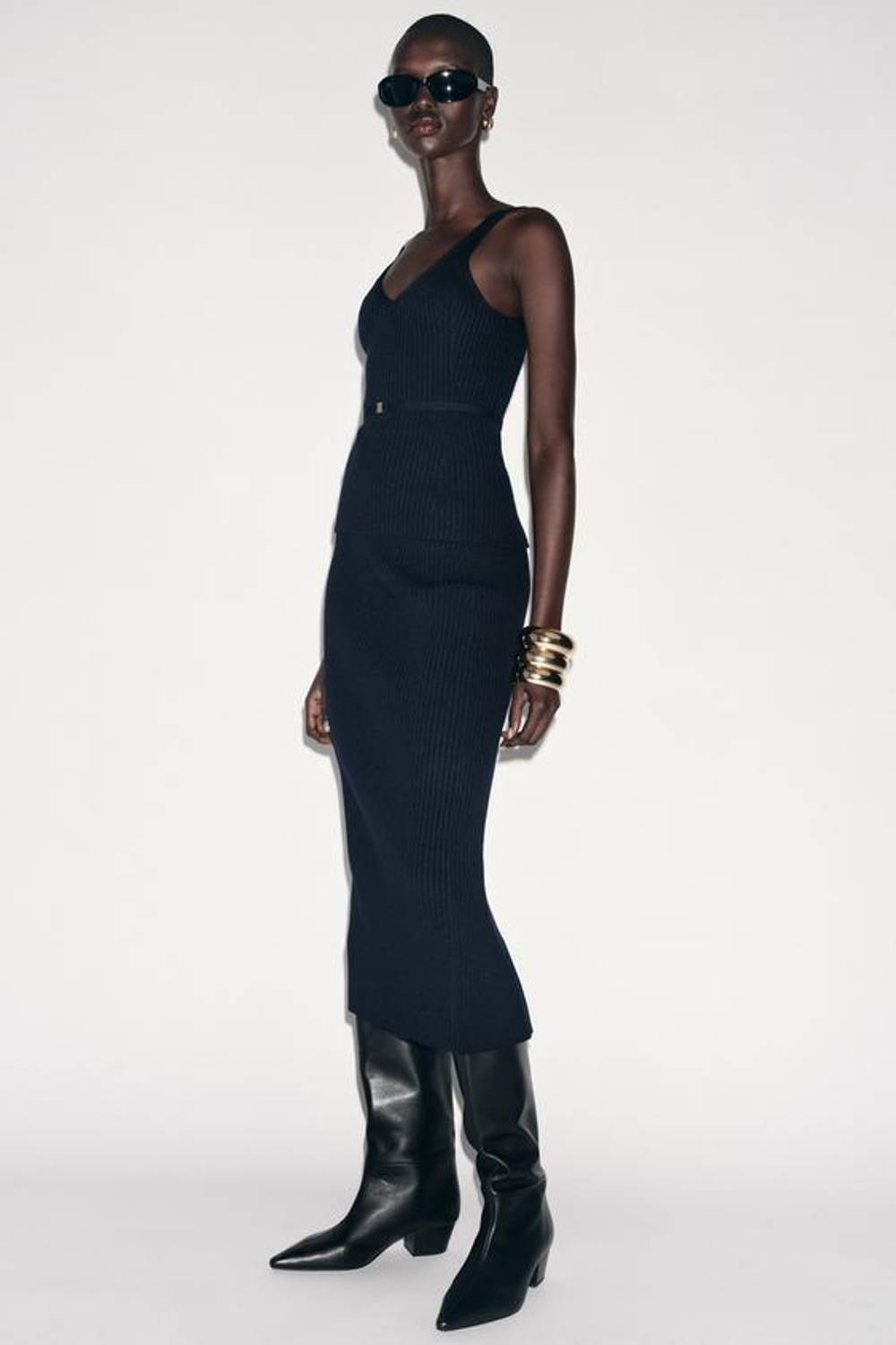 ZARA ТРИКОТАЖНАЯ ЮБКА-МИДИ В РУБЧИК, МОРСКОЙ СИНИЙ