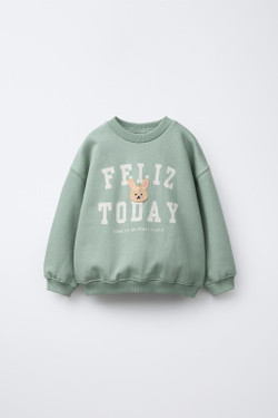 ZARA ТОЛСТОВКА В СТИЛЕ VARSITY С АППЛИКАЦИЕЙ ИЗ МАХРОВОЙ ТКАНИ, ЛИНЯЛЫЙ ЗЕЛЕНЫЙ