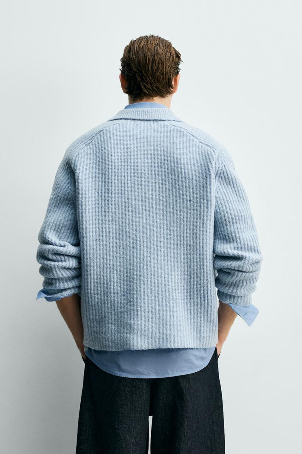 ZARA ПОЛО ИЗ ДВУХИЗНАНОЧНОГО ТРИКОТАЖА С МЕШАНОЙ ШЕРСТЬЮ, НЕБЕСНО-ГОЛУБОЙ