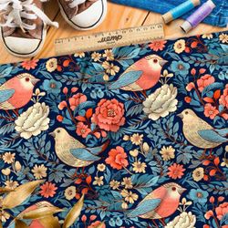 Ткань премиум интерлок сказочные птицы в сине-красной палитре