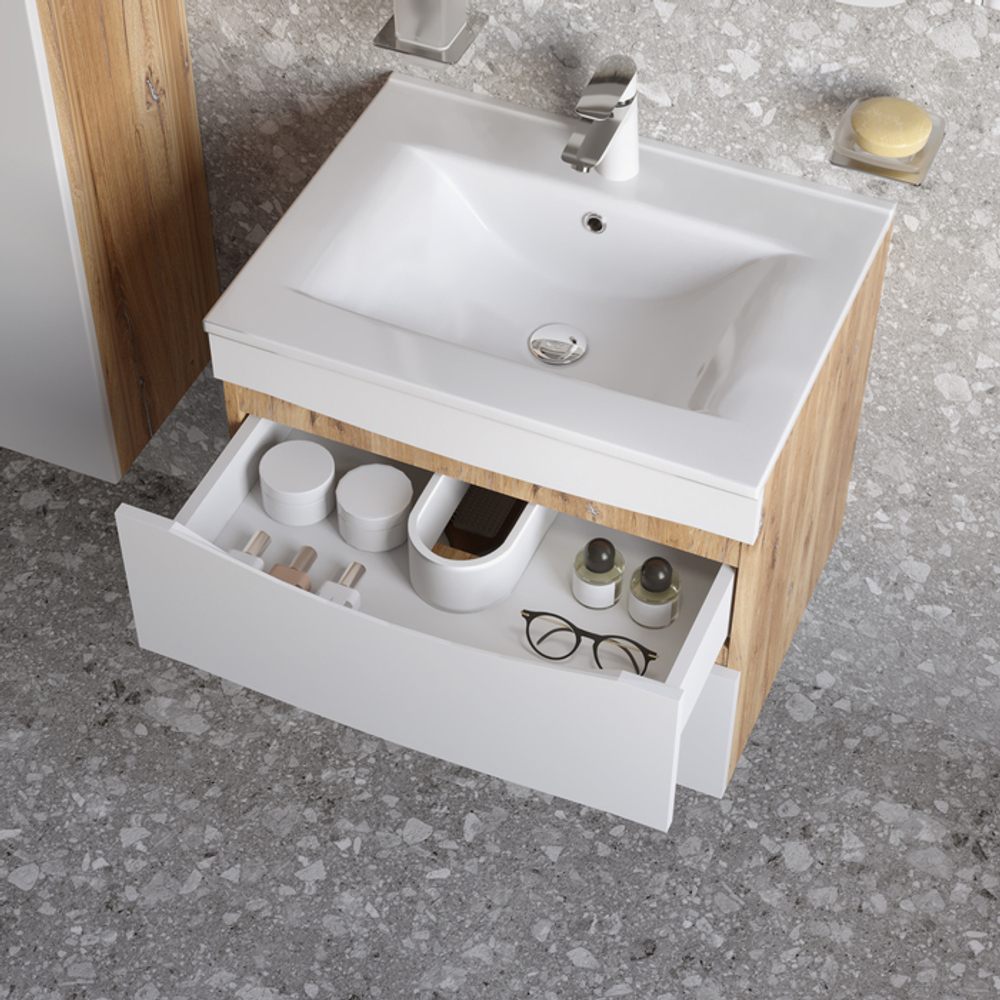 Тумба с умывальником IDDIS Cloud, подвесная, 60 см, белая/золотистый дуб, CLO60Y0i95K