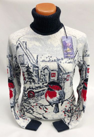 Pulltonic женский из шерсти и кашемира "Снегири в городе" Размеры (42-50). LADY