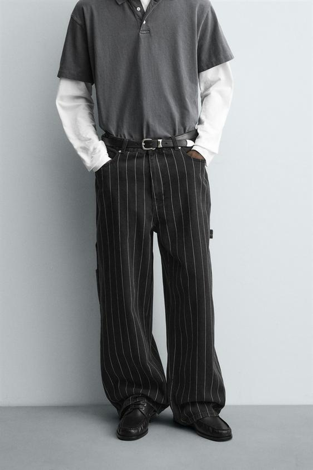 ZARA БРЮКИ BALLOON FIT В ПОЛОСКУ, ЧЕРНЫЙ