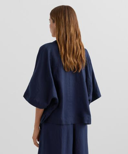 Oysho Рубашка свободного кроя с коротким рукавом из 100% льна, военно-морской