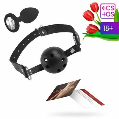 Эротический набор «Во власти страсти»: 20 карт, анальная пробка и кляп (Цвет: черный)