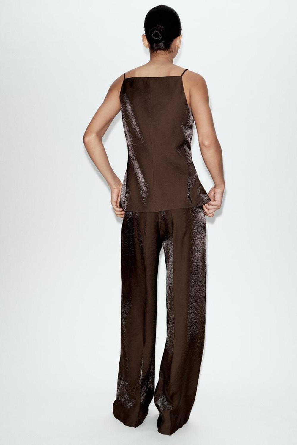 ZARA БРЮКИ ПРЯМОГО КРОЯ С БЛЕСКОМ, КОРИЧНЕВЫЙ
