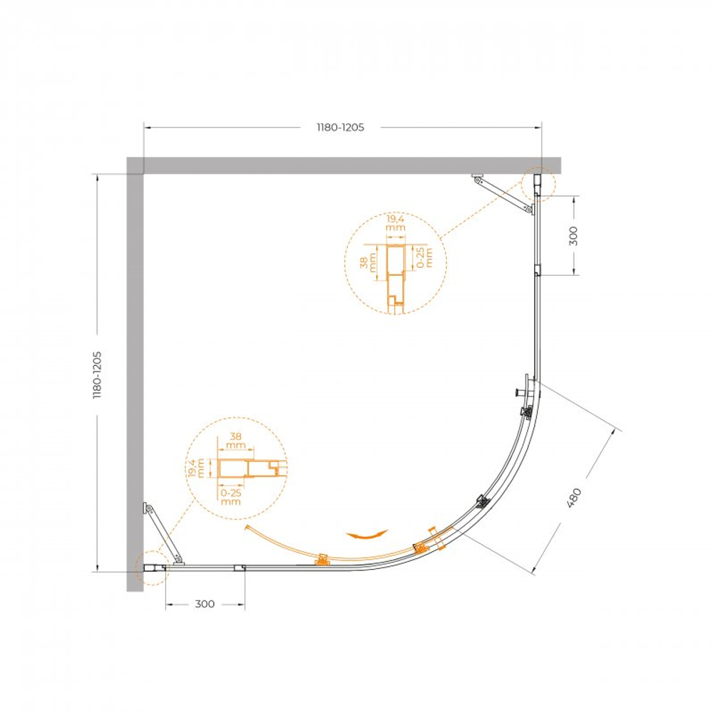 Душевой уголок Cezares MOLVENO-R-11-90+30-C-BORO-IV, 120х120х195, профиль брашированное золото, прозрачное стекло