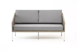 "Канны" диван 2-местный плетеный из роупа, каркас алюминий светло-серый (RAL7035) шагрень, роуп серый меланж круглый, ткань серая 017