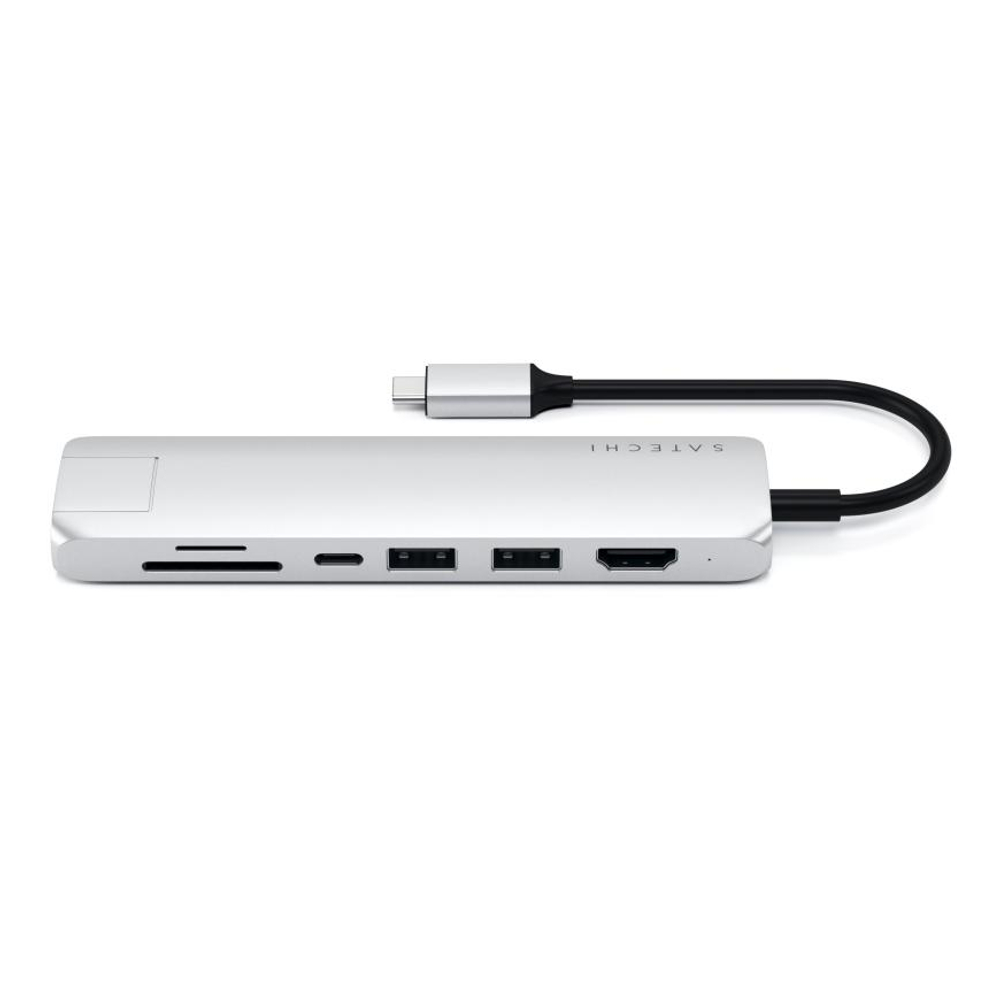 USB-Хаб Satechi Slim Multiport (USB-C) (ST-UCSMA3) Подключение: встроенный кабель USB-C. Порты: USB-C (PD 60 Вт), 2 USB-A 3.2 Gen 1, microSD, SD, HMDI (до 4K 60 Гц), Gigabit Ethernet