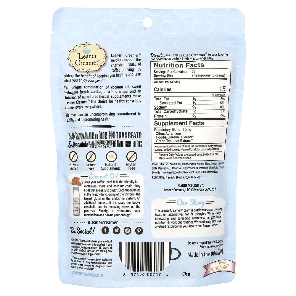 Leaner Creamer, сливки для кофе с кокосовым маслом, французская ваниль, 280 г (9,87 унции)