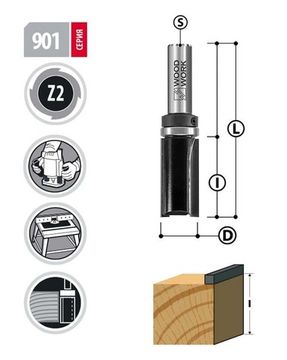 Фреза прямая с подшипником 19х38 мм, S=12 мм WOODWORK 901.1938.12