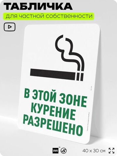 Табличка для частной территории "В этой зоне курение разрешено", на дом, для участка, для подъезда, организаций и частных территорий, предупреждающая, 40х30 см, Silver Plane x Айдентика Технолоджи