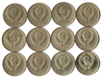 Набор 10 копеек СССР (12 монет) 1961, 77, 80-83, 85-87, 89-91Л. VF-XF