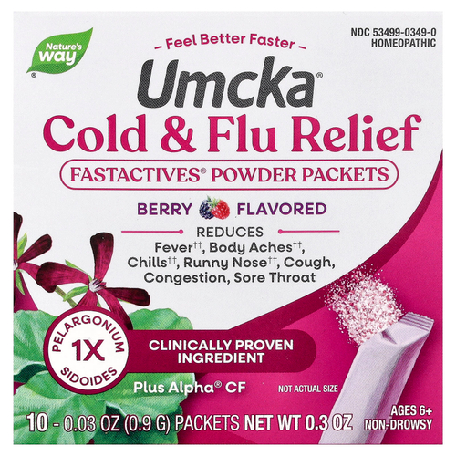 Nature's Way, Umcka®, Relief Fastactives®, простуда и грипп, пакетики с порошком, для детей от 6 лет, с ягодным вкусом, 10 пакетиков по 0,9 г (0,03 унции)