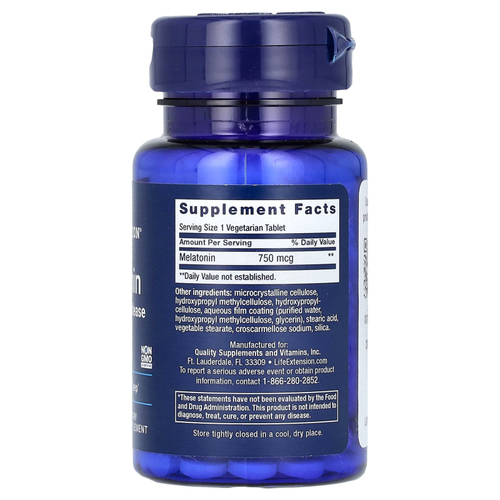 Life Extension, мелатонин, с медленным 6-часовым высвобождением, 750 мкг, 60 вегетарианских таблеток
